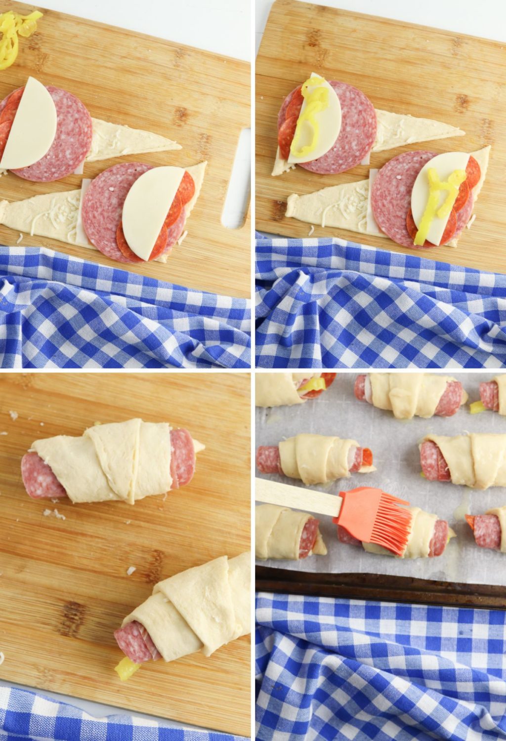 A series of pictures showing how to make a sausage swiss roll.