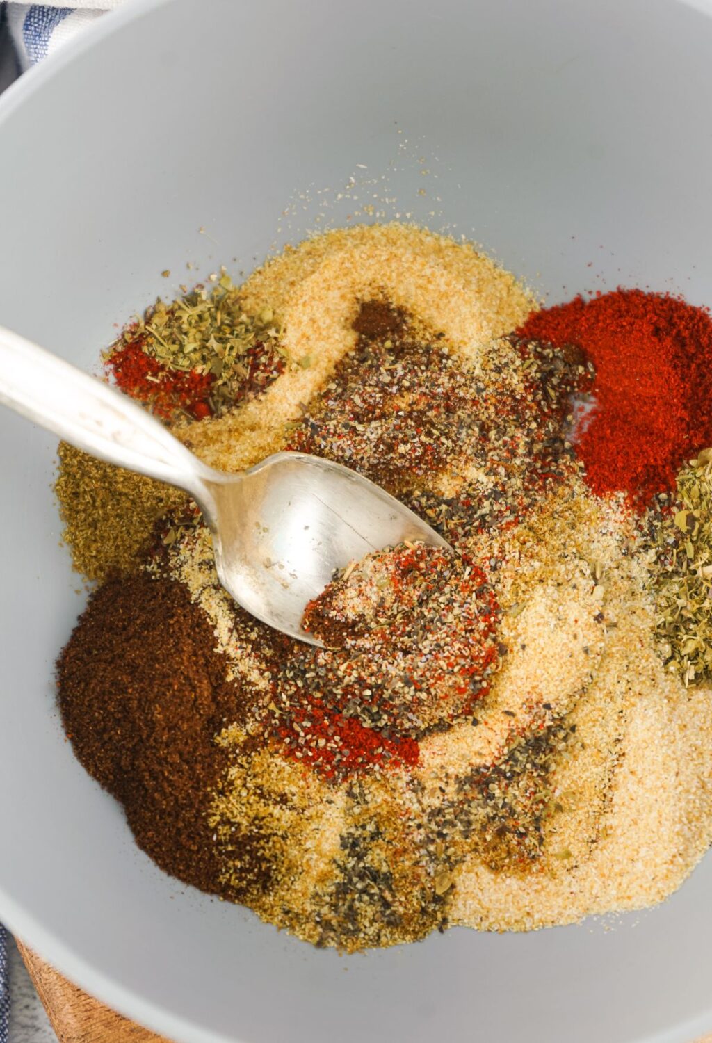 Spices in a bowl with a spoon.