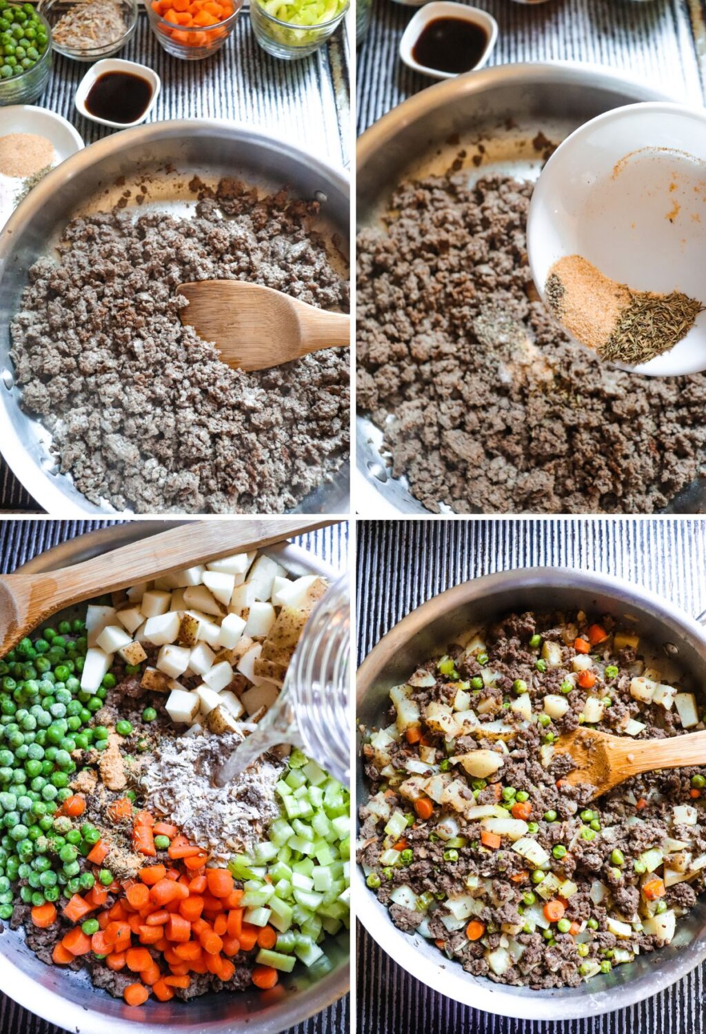 A series of photos showing how to make ground beef and vegetables in a pan.