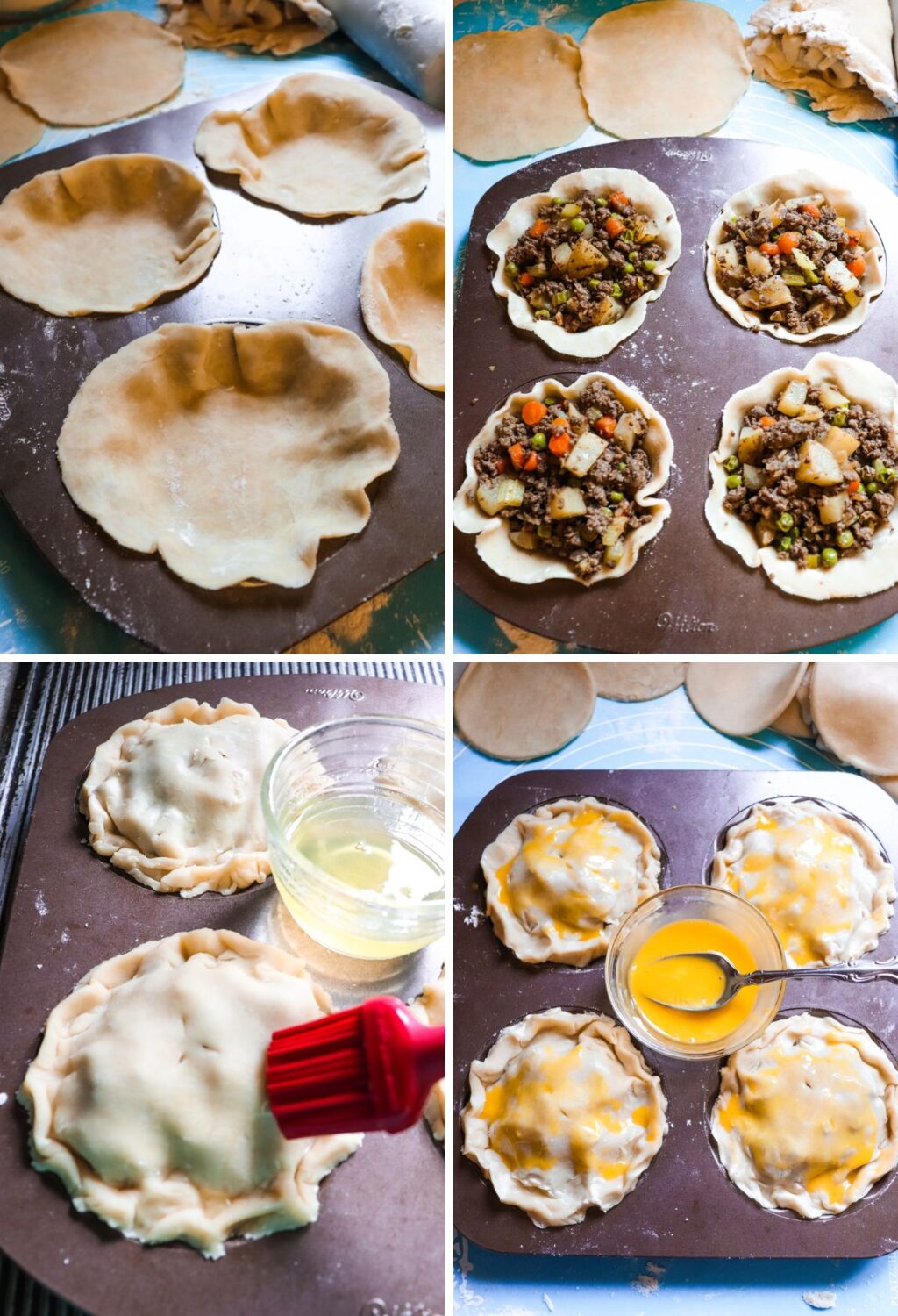 A series of photos showing how to make pies.