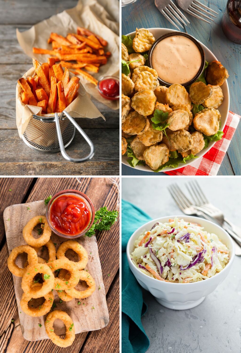 A collage of pictures of different foods, including fries, onion rings, and ketchup.