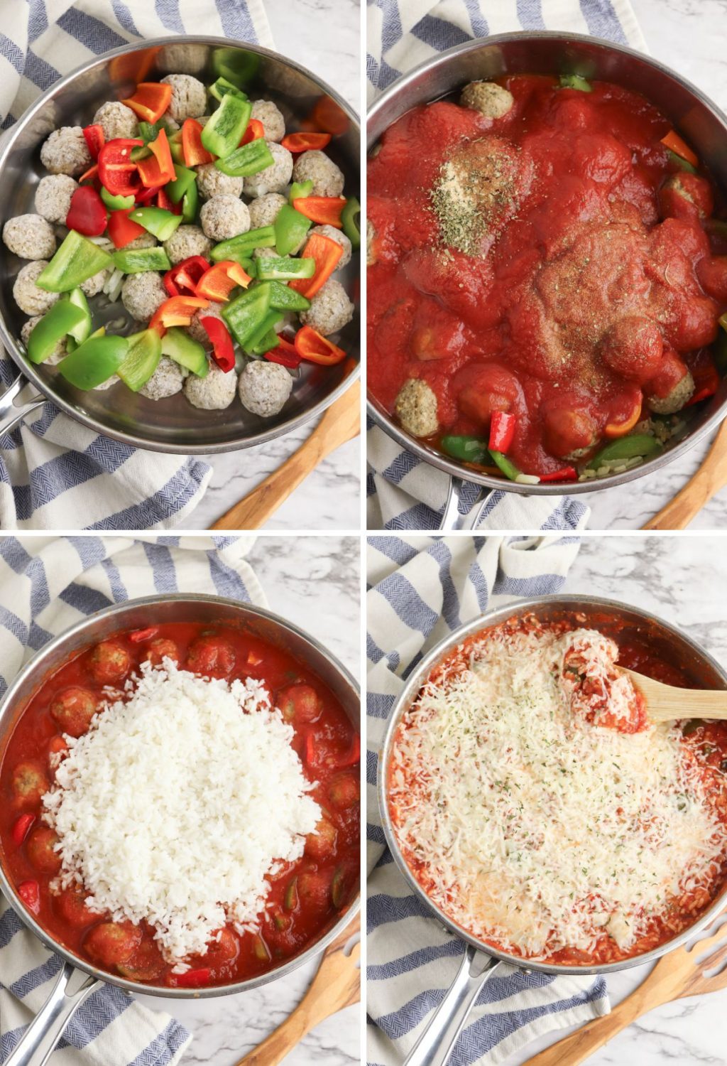 Four photos showing how to make meatballs in a skillet.