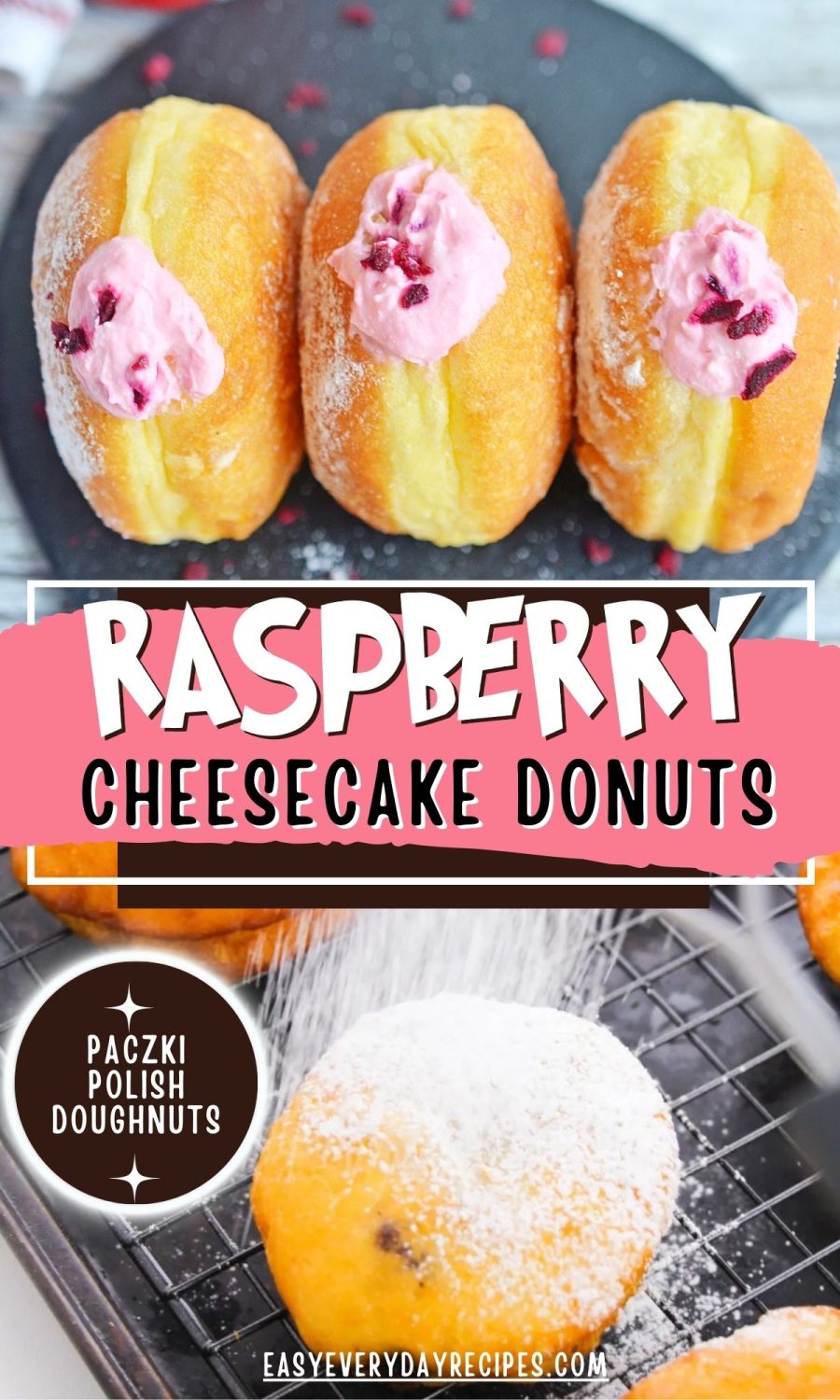 Raspberry cheesecake donuts on a cooling rack.
