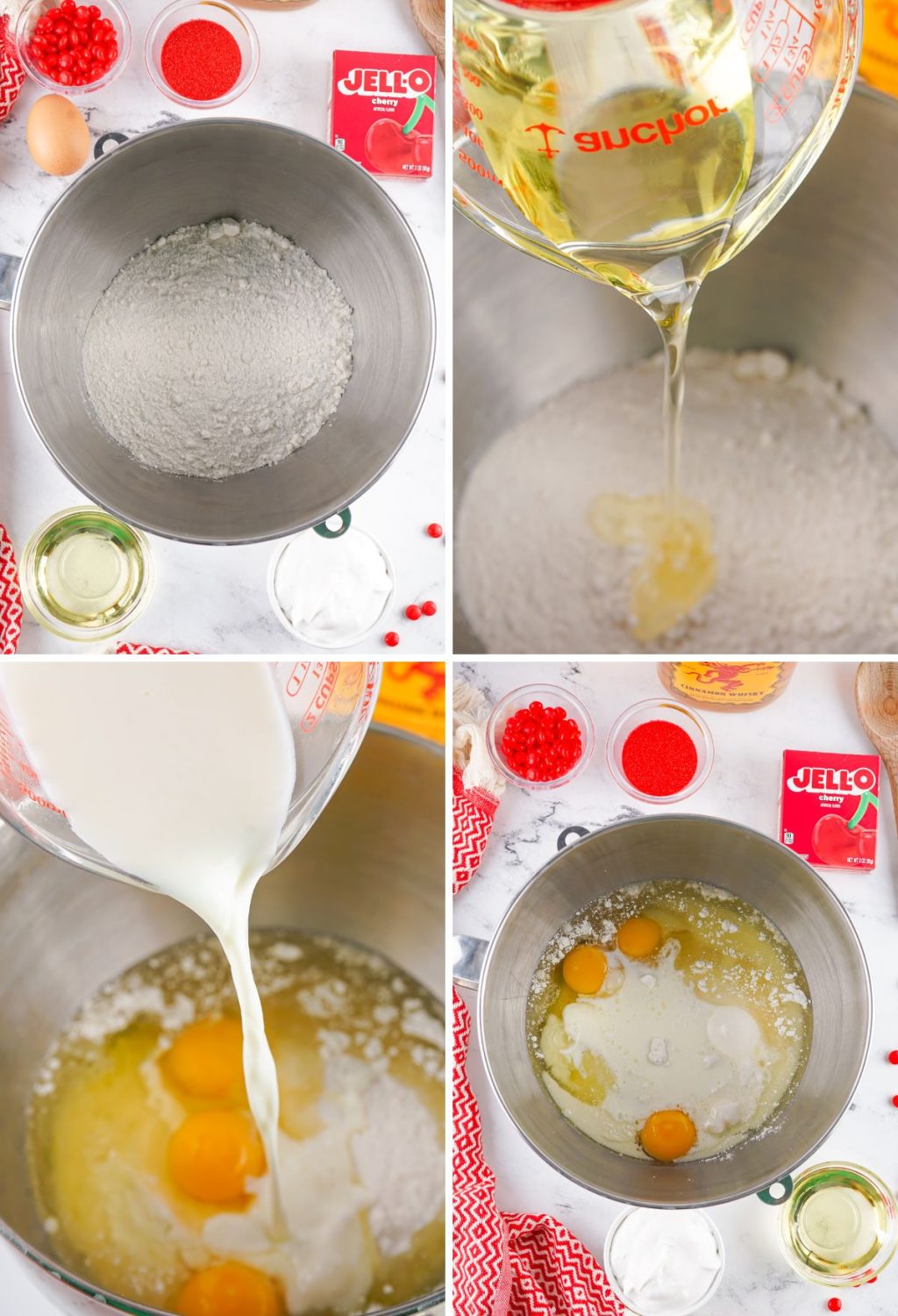 A series of photos showing how eggs are being poured into a bowl.