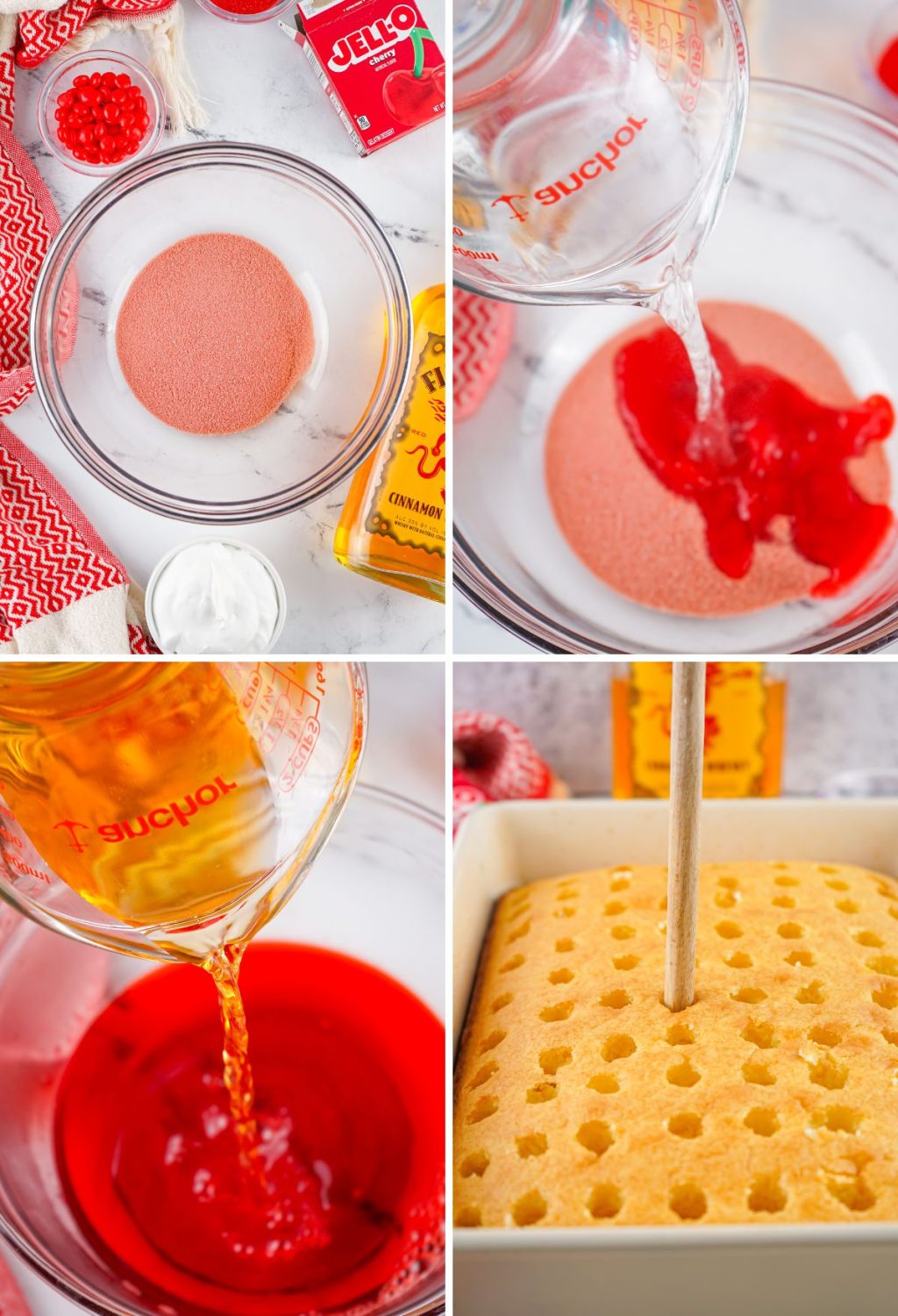 A series of photos showing how to make a red velvet cake.