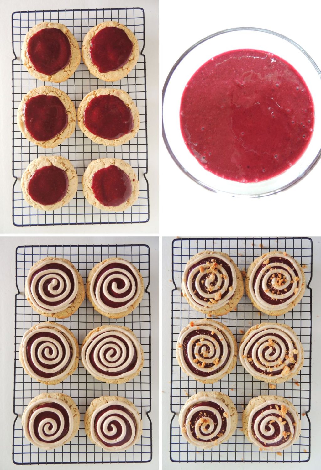 A series of photos showing how to make raspberry swirl cookies.