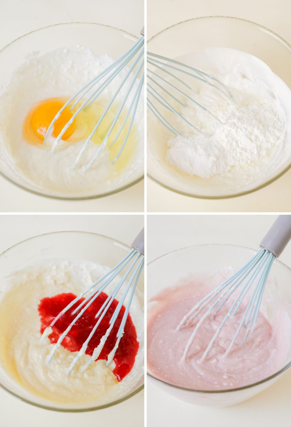 Four pictures of whisking ingredients in a bowl.