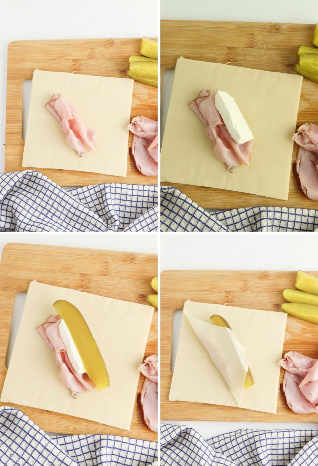 Four pictures showing how to make ham and cheese on a cutting board.