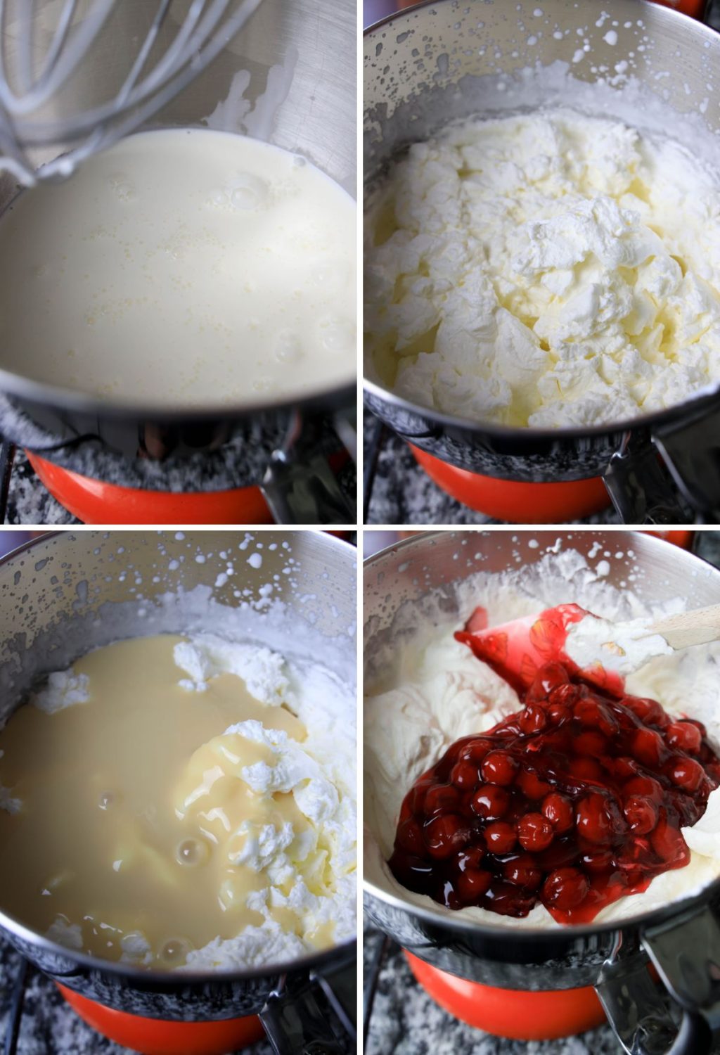Four pictures showing the process of making a cake with cherries.