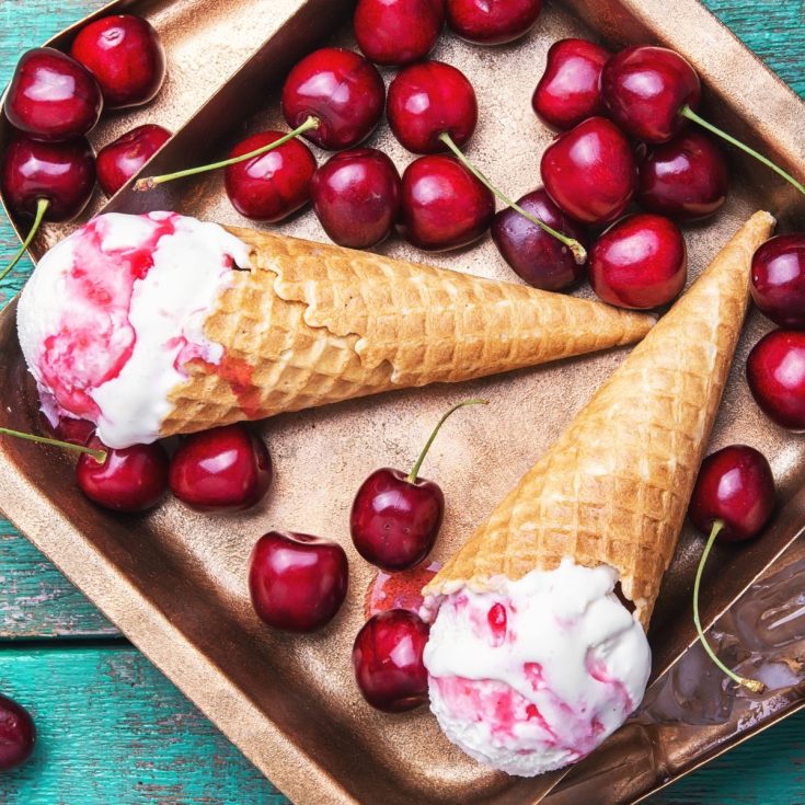 Ice cream cones with cherries on a tray.