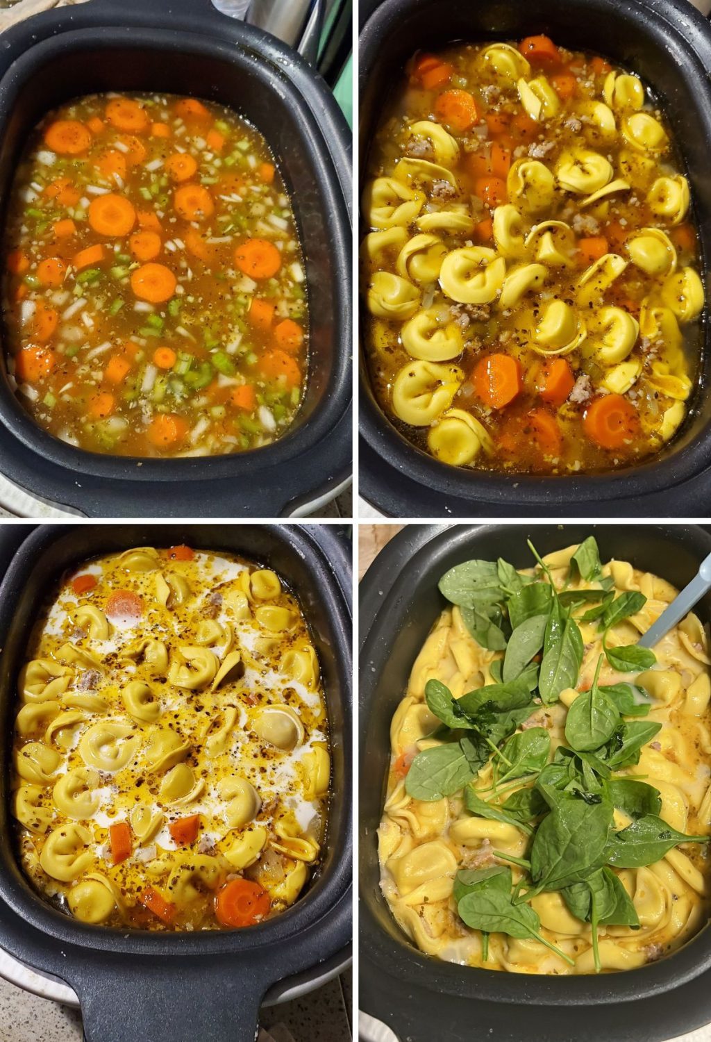 Four pictures showing how to make tortellini soup in a slow cooker.