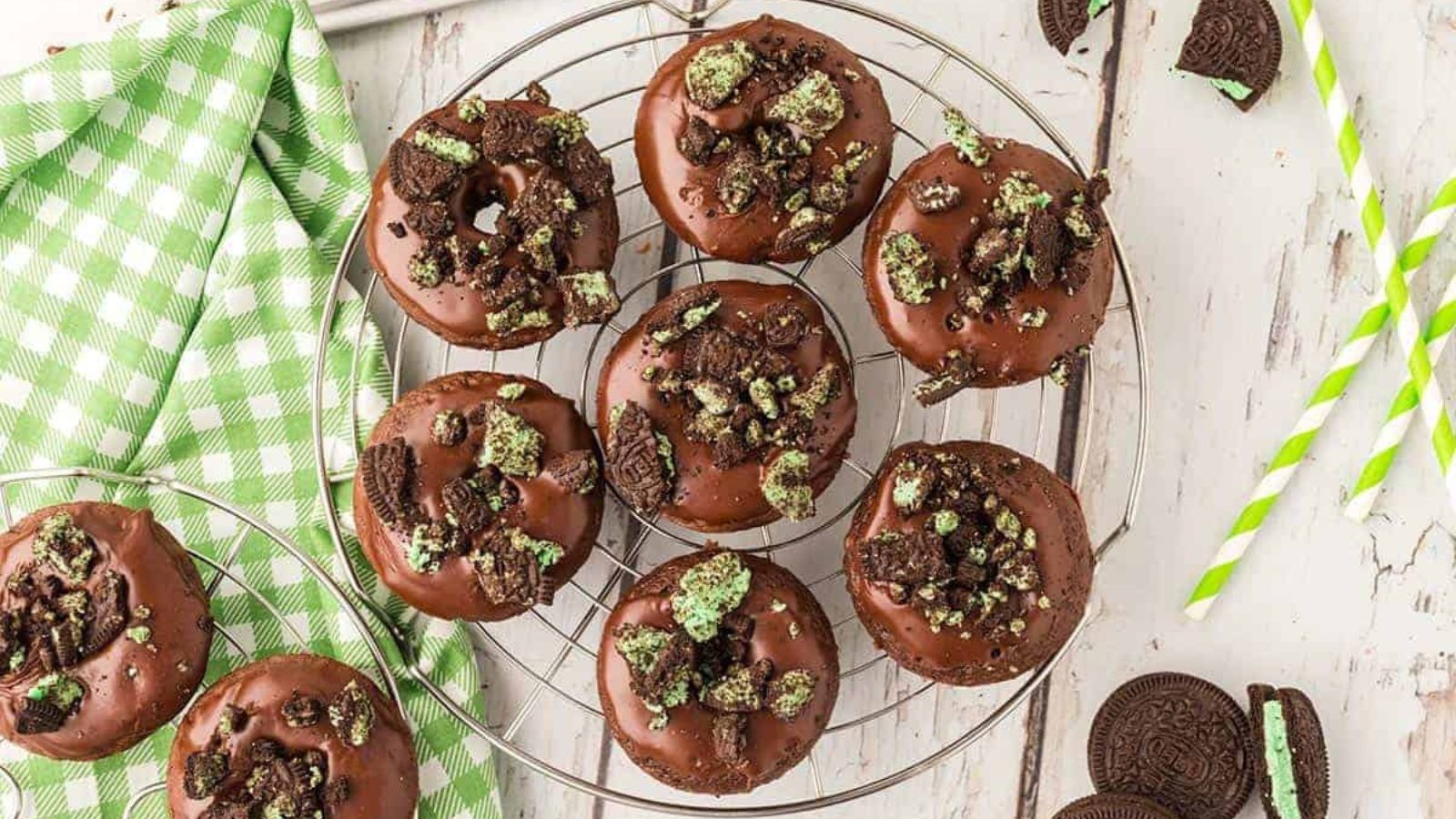 Mini Chocolate Cake Mix Donuts with Mint Oreos