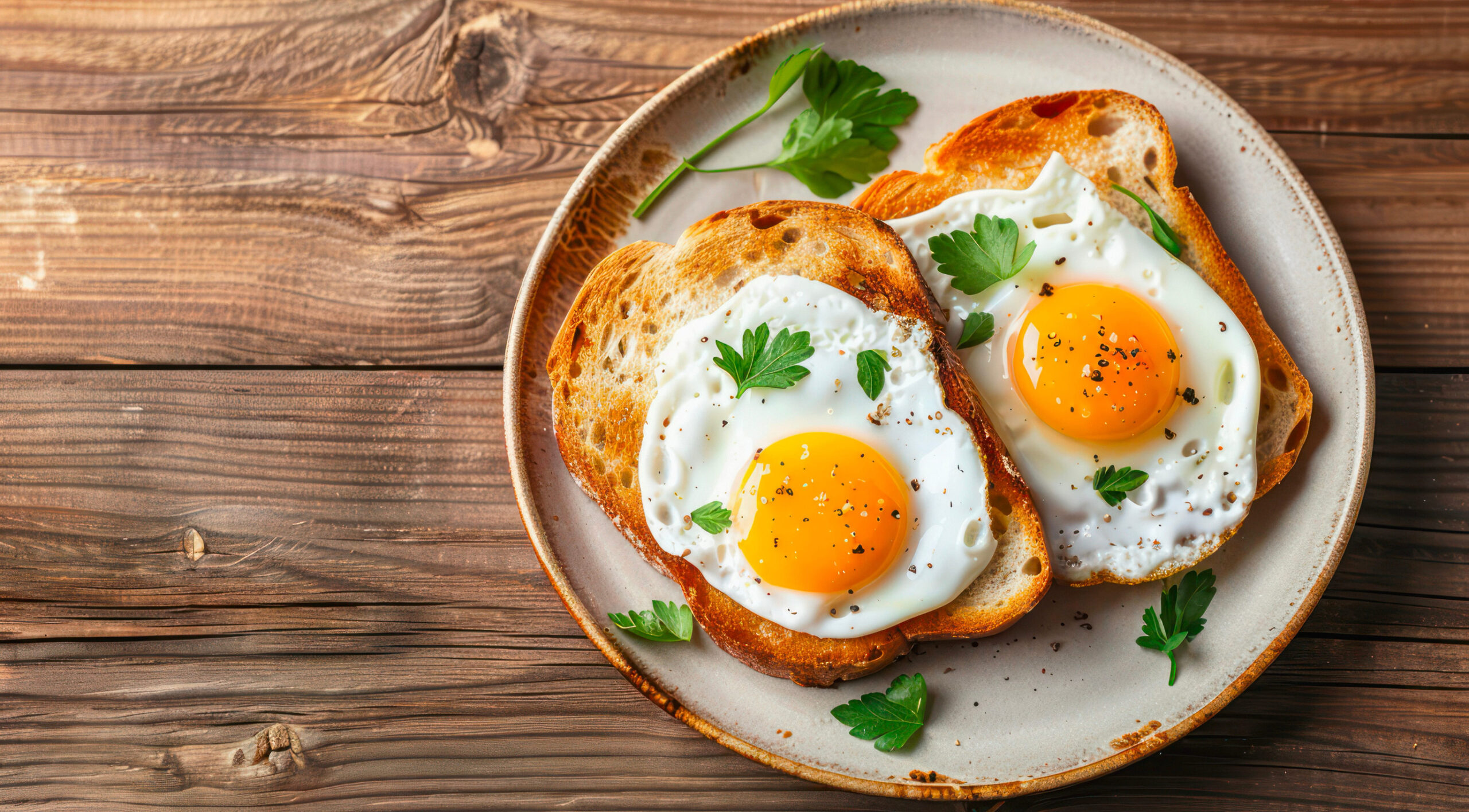 Plate of toasts with fried eggs on a wooden table, top view.
