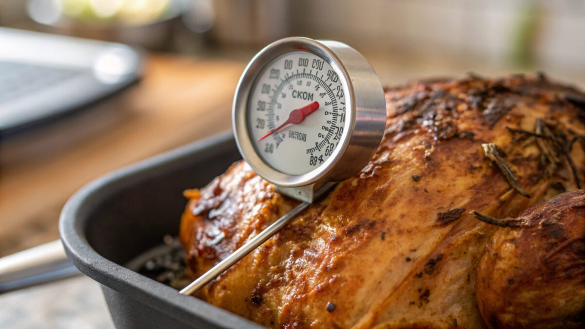 8 Common Mistakes You're Making by Skipping the Resting Step After Cooking Meat 1 Closeup of a roasted turkey with a thermometer on top.