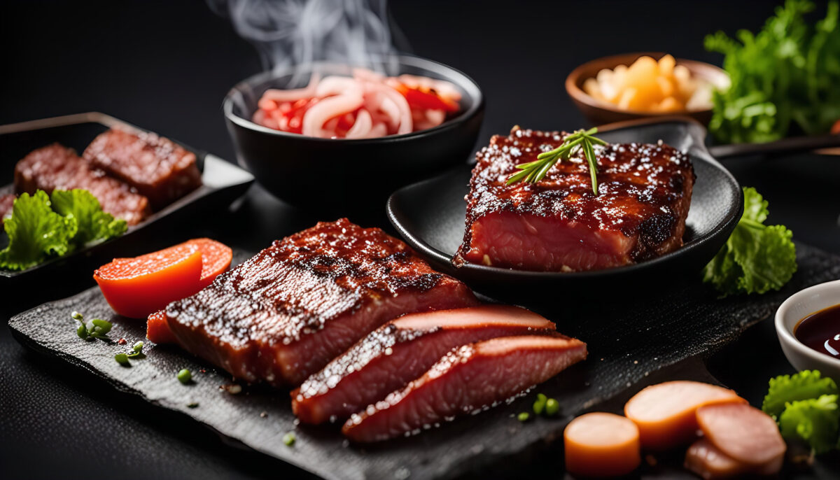 9 Foods You Should Never Bring to a Potluck and What to Bring Instead 3 A close-up of a slate plate with various grilled meats, including steak, sausages, and a side salad. The meats are perfectly cooked and have a delicious, smoky flavor. The photo is taken from a high angle and showcases the rich colors and textures of the food.