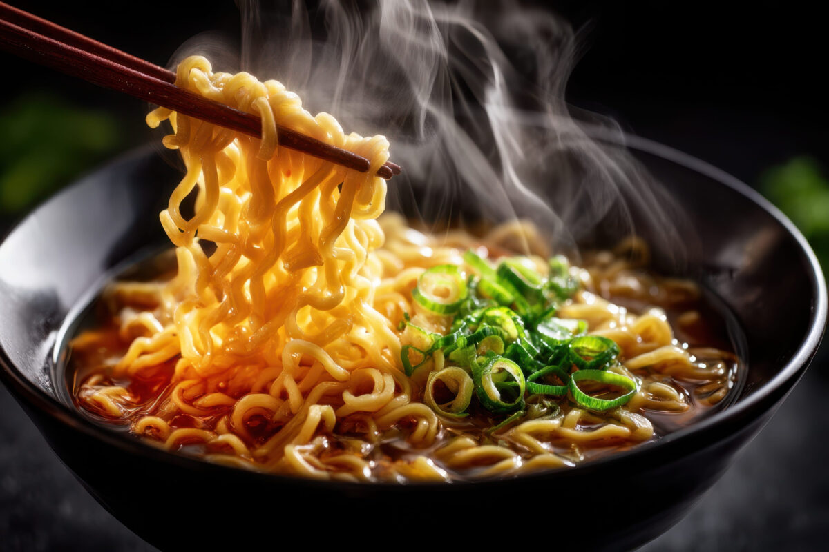 The 6 Foods That Went From Poor People Staples to Rich People Trends 2 Chopsticks lift flavorful noodles from a bowl of ramen, topped with fresh green onions and surrounded by steam.