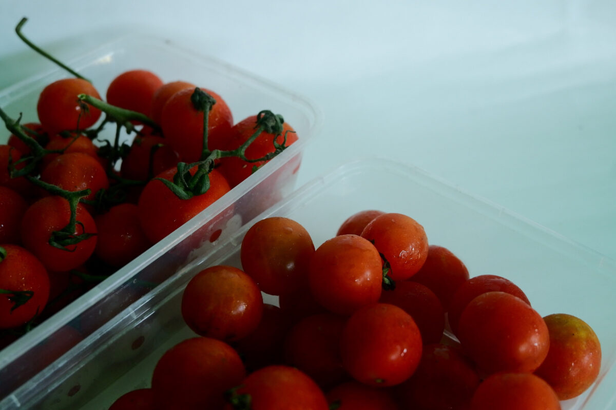 Foods That Should Never Be Refrigerated 1 Cherry tomatoes in plastic container on white background. Close up.