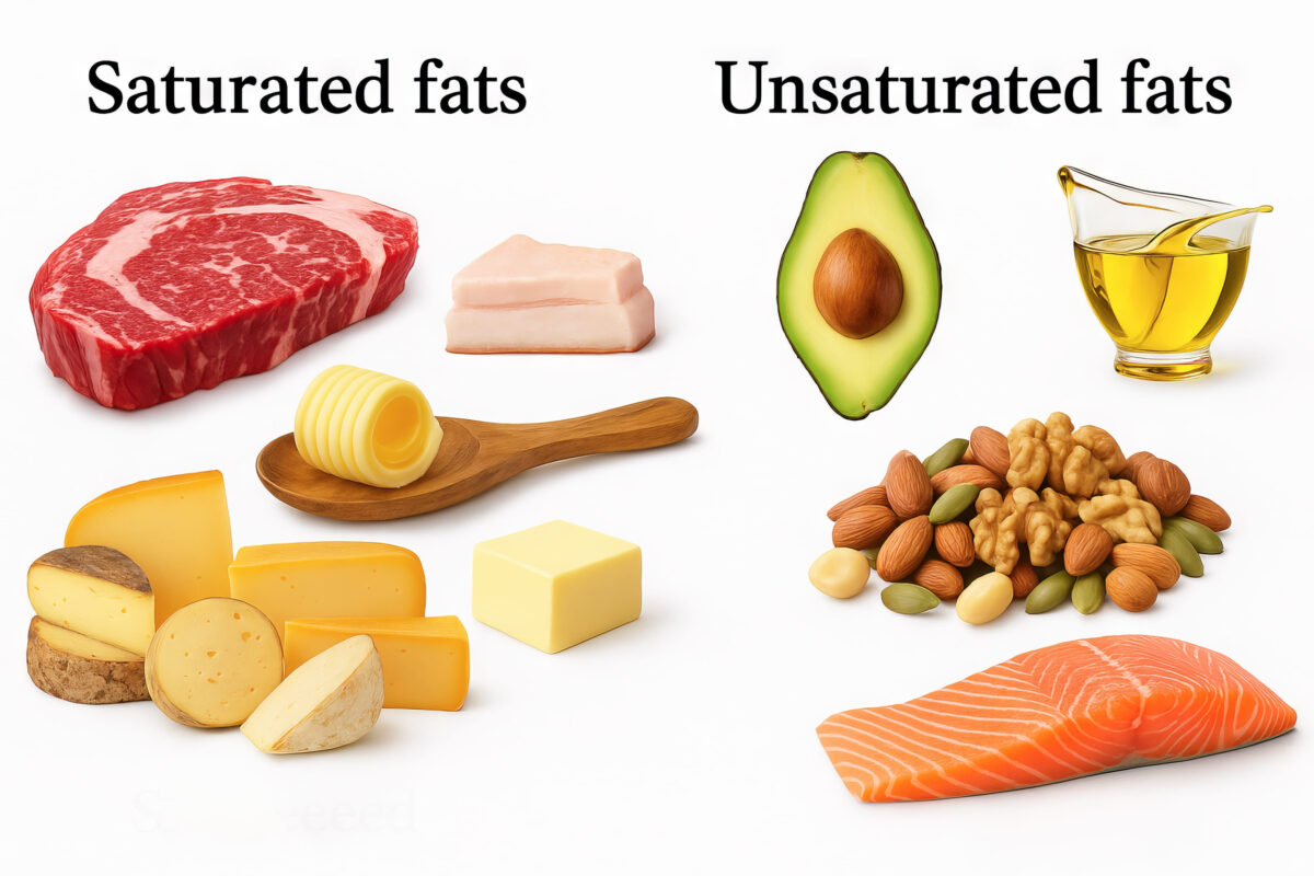9 Food Myths That Need to Be Debunked 2 Comparison of saturated and unsaturated fats with meat, butter, cheese, and avocado illustration. concept of healthy eating, nutritional choices, balanced diet.