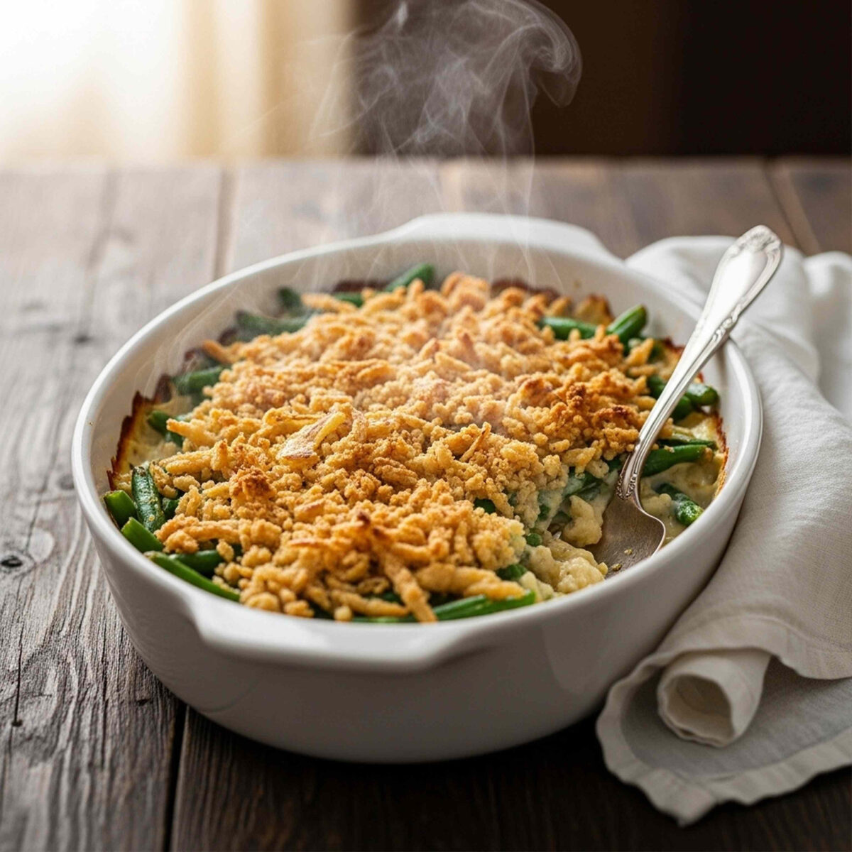 The Most Hated Thanksgiving Side Dishes 1 A steaming green bean casserole in a white baking dish with a silver serving spoon.