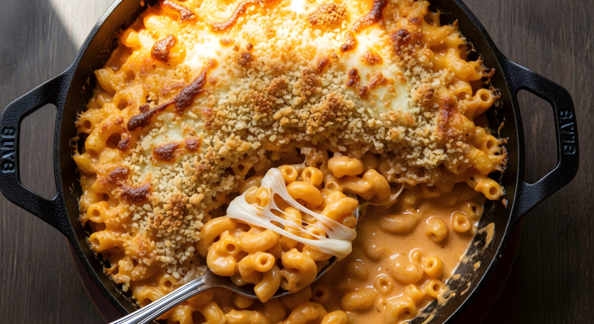 The Most Hated Thanksgiving Side Dishes 3 A close-up of baked macaroni and cheese in a cast iron skillet with a spoon lifting cheesy pasta.