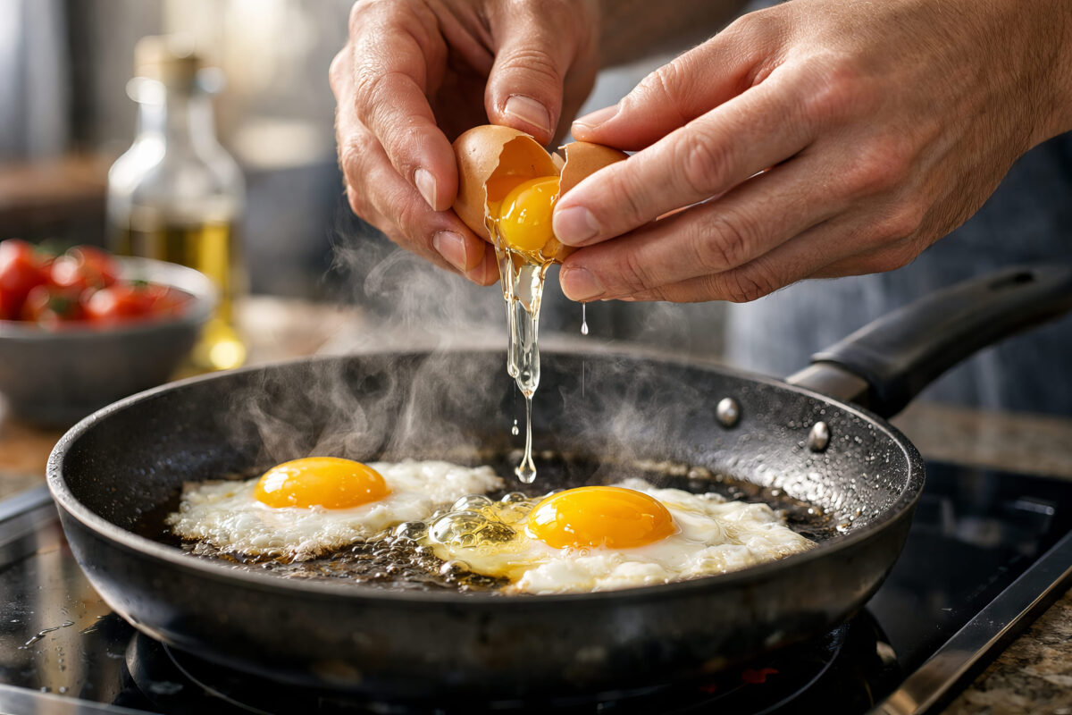 11 Common Mistakes That Are Ruining Your Fried Eggs 2 Man hands cracking an egg over a hot frying pan with two fried eggs already cooking. Cooking breakfast at home. Healthy eating concept.