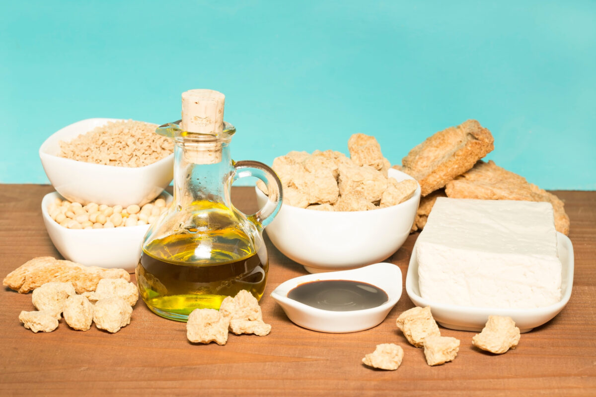 10 Toxic Foods That Are Secretly Destroying Your Gut 4 Various soy products on wooden background