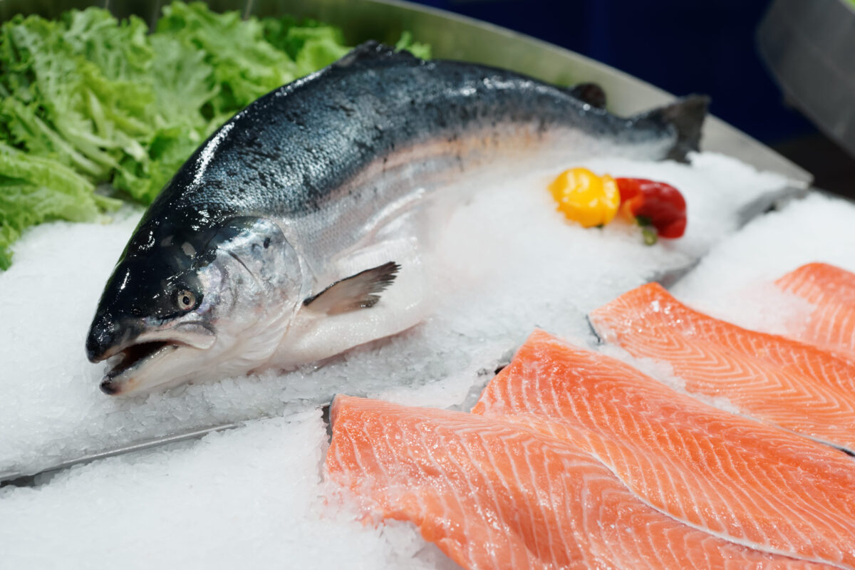 Fresh salmon on ice in a supermarket