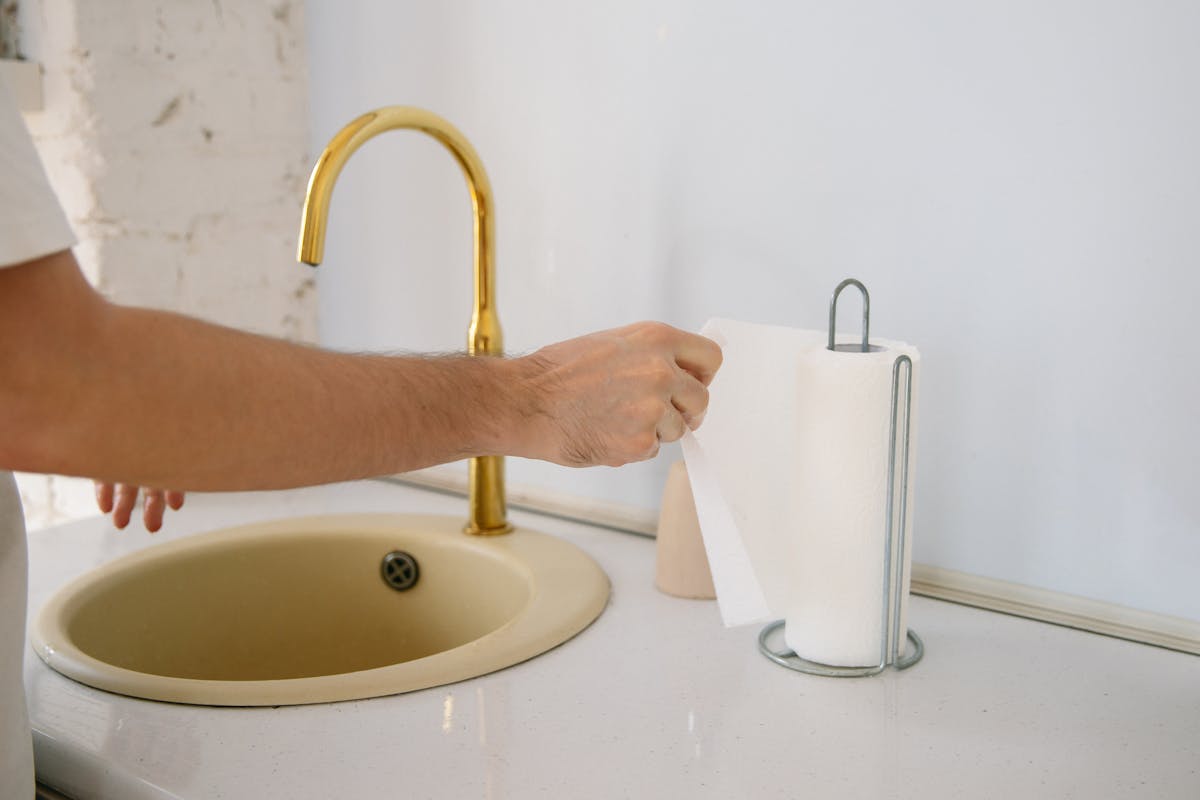 15 Cleaning Products You Should Avoid at All Costs and What to Use Instead 5 A bathroom sink with a golden faucet and hand reaching for a paper towel in a clean setting.