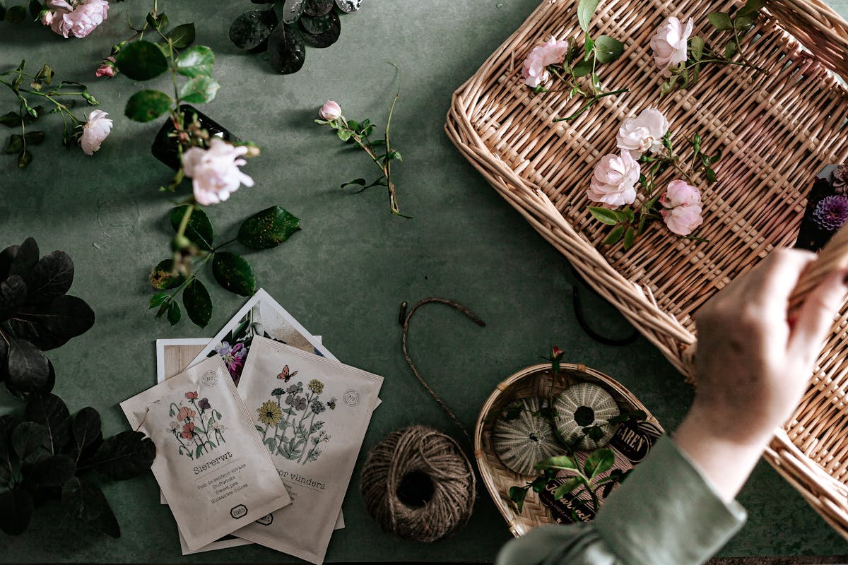 10 Gardening Mistakes That Are Secretly Destroying Your Plants and Costing You Hundreds 3 Overhead view of floral arrangement and seed packets on a green table with basket and twine.