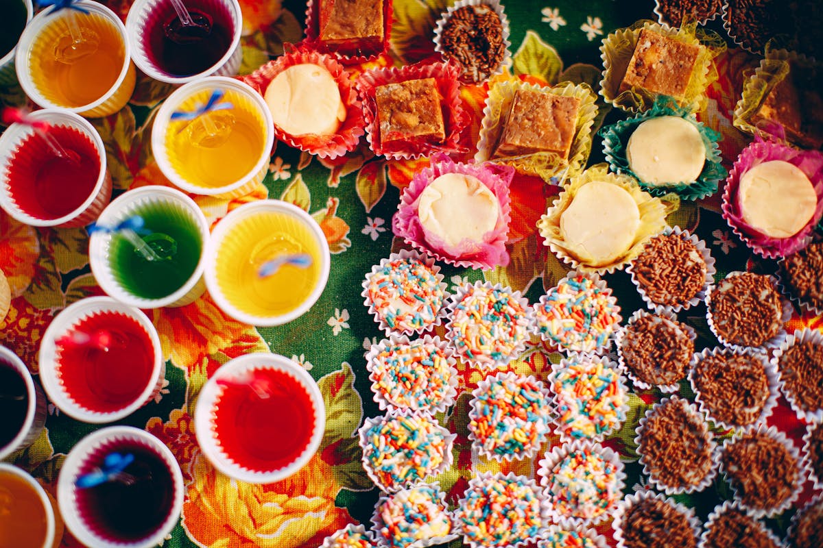 10 American Foods That Seem Bizarre To The Rest of the World 4 Top view of different assorted delicious desserts placed on colorful tablecloth on table