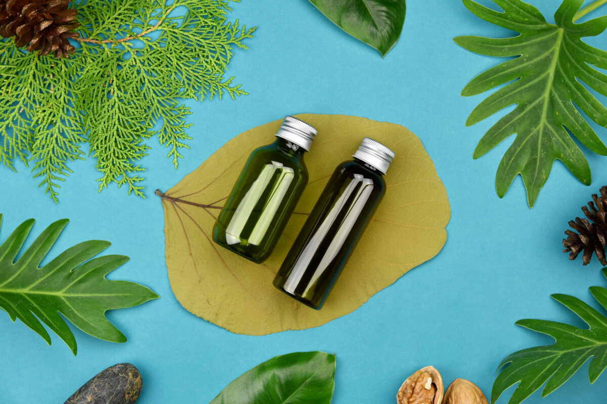 Cosmetic bottle containers on green herbal leaves background, Blank label for branding mock-up, Natural organic skincare beauty product concept.