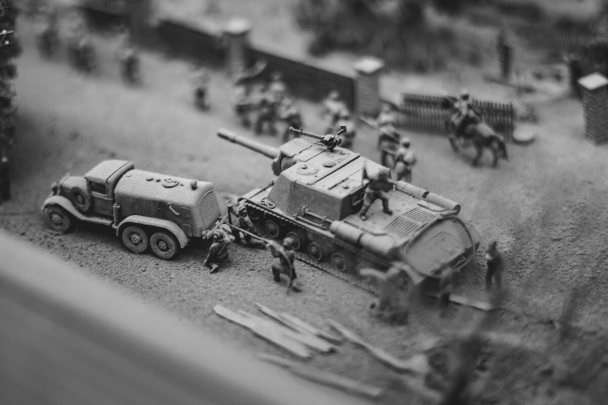 Novokuzneck, Russia - 26.07.2018: Wargaming miniatures depicting Soviet troops during world war II, in a rural village