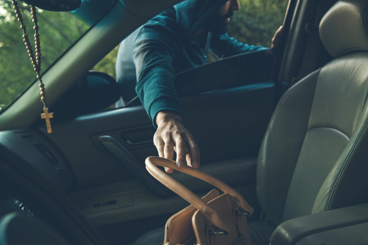 a thief steals bag in car in street