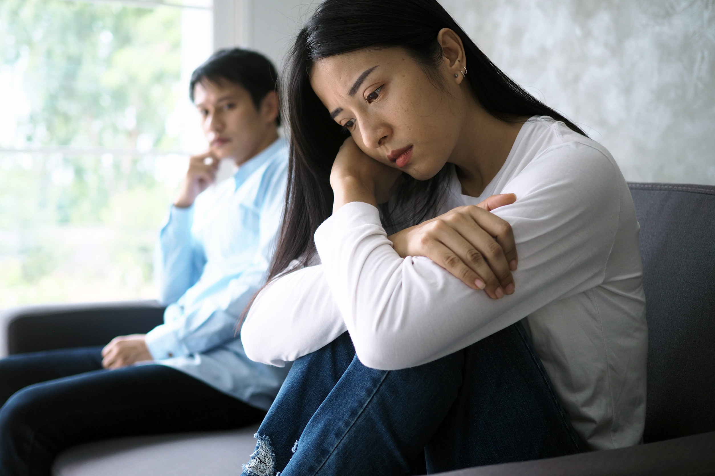 Couples are bored, stressed, upset and irritated after quarreling. Family crisis and relationship problems that come to an end