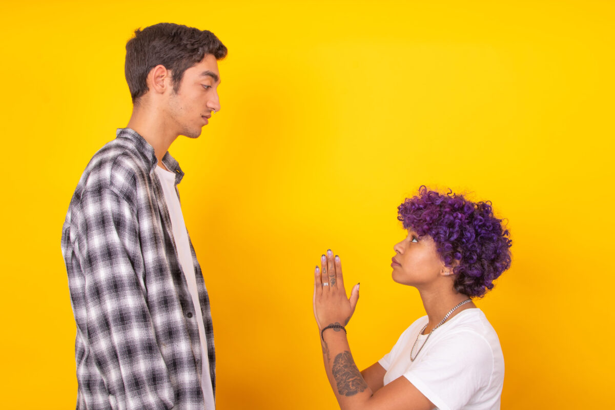 7 Most Toxic Relationship Habits No One Talks About 4 young man and woman couple asking for forgiveness isolated on background
