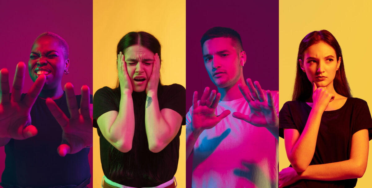 Portraits of group of people on multicolored background in neon light, collage.