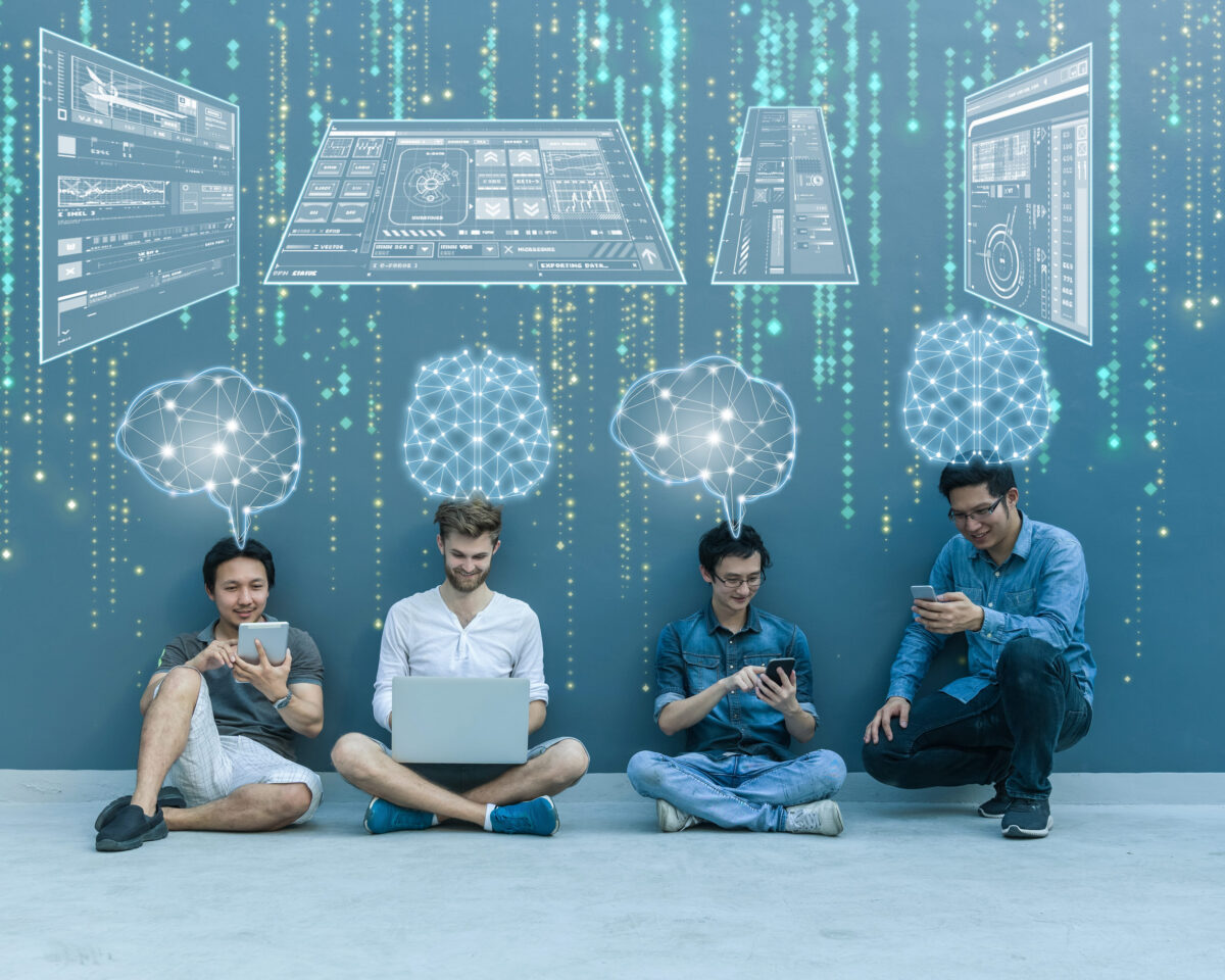 Group Of Asian and Multiethnic Business people working with brain and virtual screen connecting on smart device technology at the outdoor over the wall background, Business and virtual reality concept
