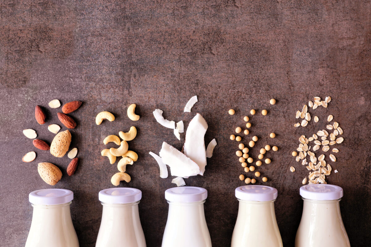 Vegan plant based non dairy milk. Variety in milk bottles with ingredients. Top down view over a brown stone background.