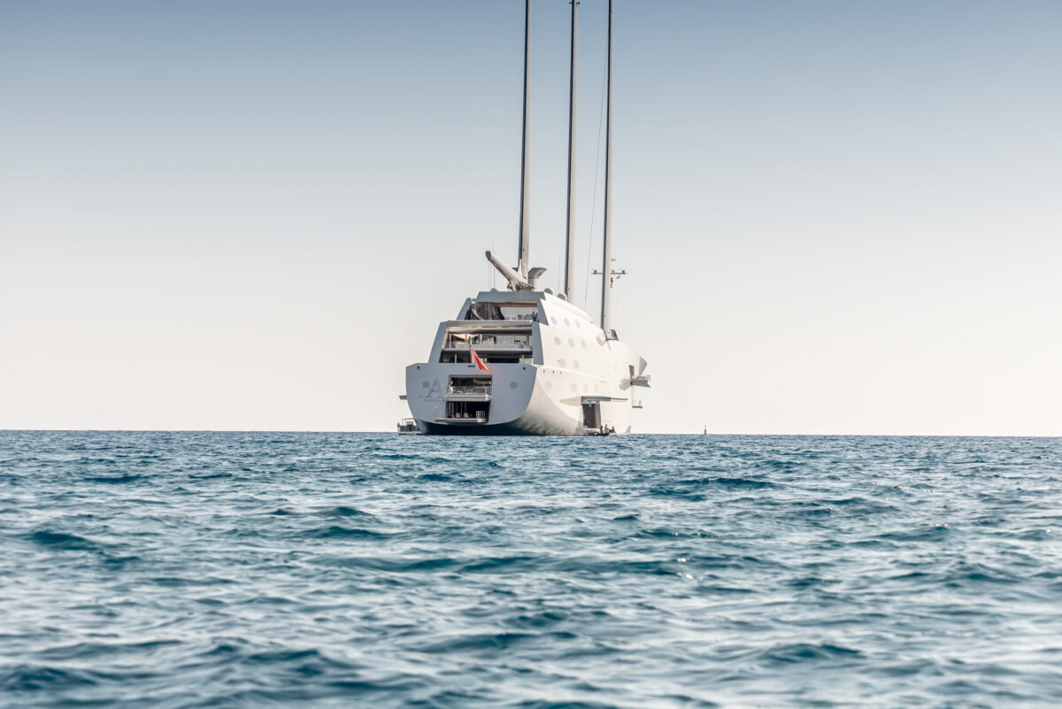 Limassol, Cyprus - October 26, 2021: Rear view of Sailing yach A owned by Russian billionaire Andrey Melnichenko