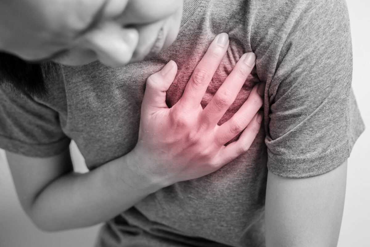 Women with pain at the heart. Young women with heart disease. Women have symptoms of heart attack, congestive heart failure.