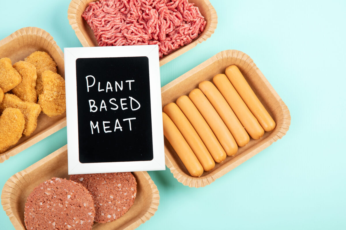 Variety of plant based meat. Plant based vegetarian alternative meat products, top view