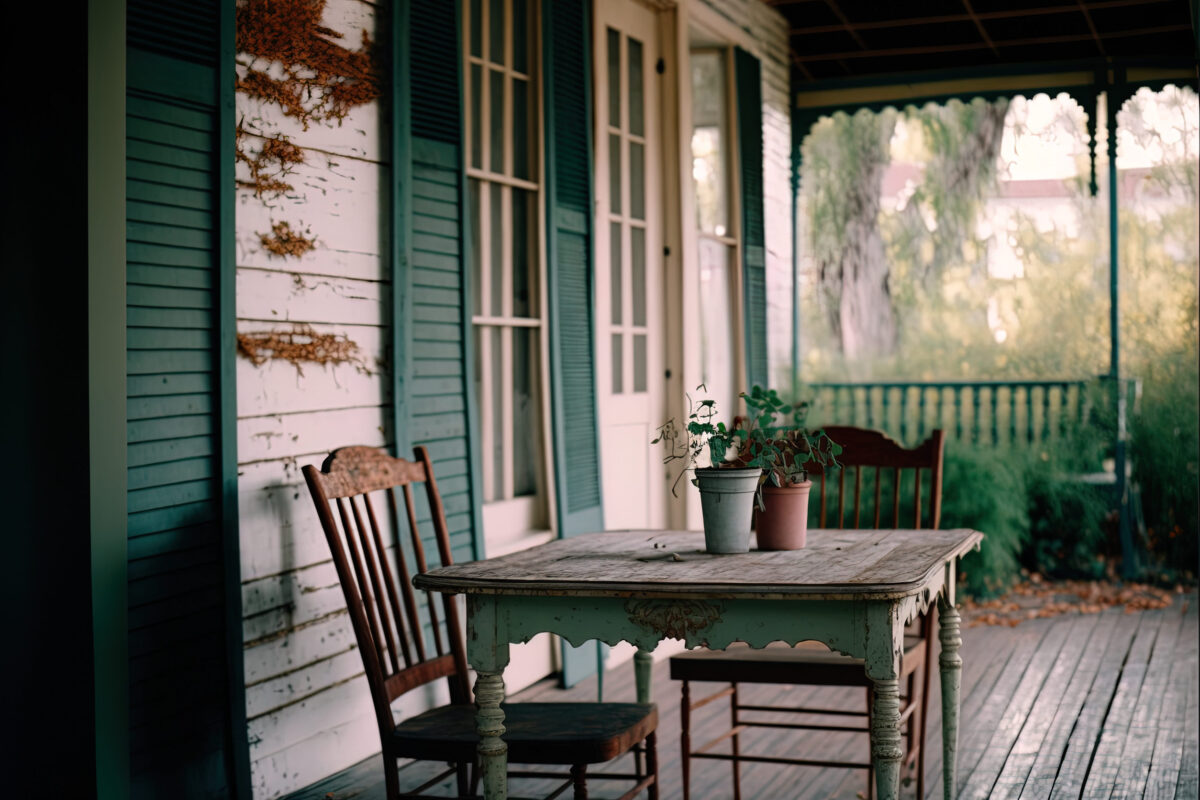 Old wooden table and chairs on the porch of an old house.
