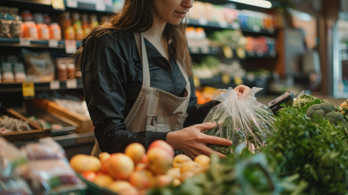 Grocery store cashier packing vegetables and greens in plastic bag
