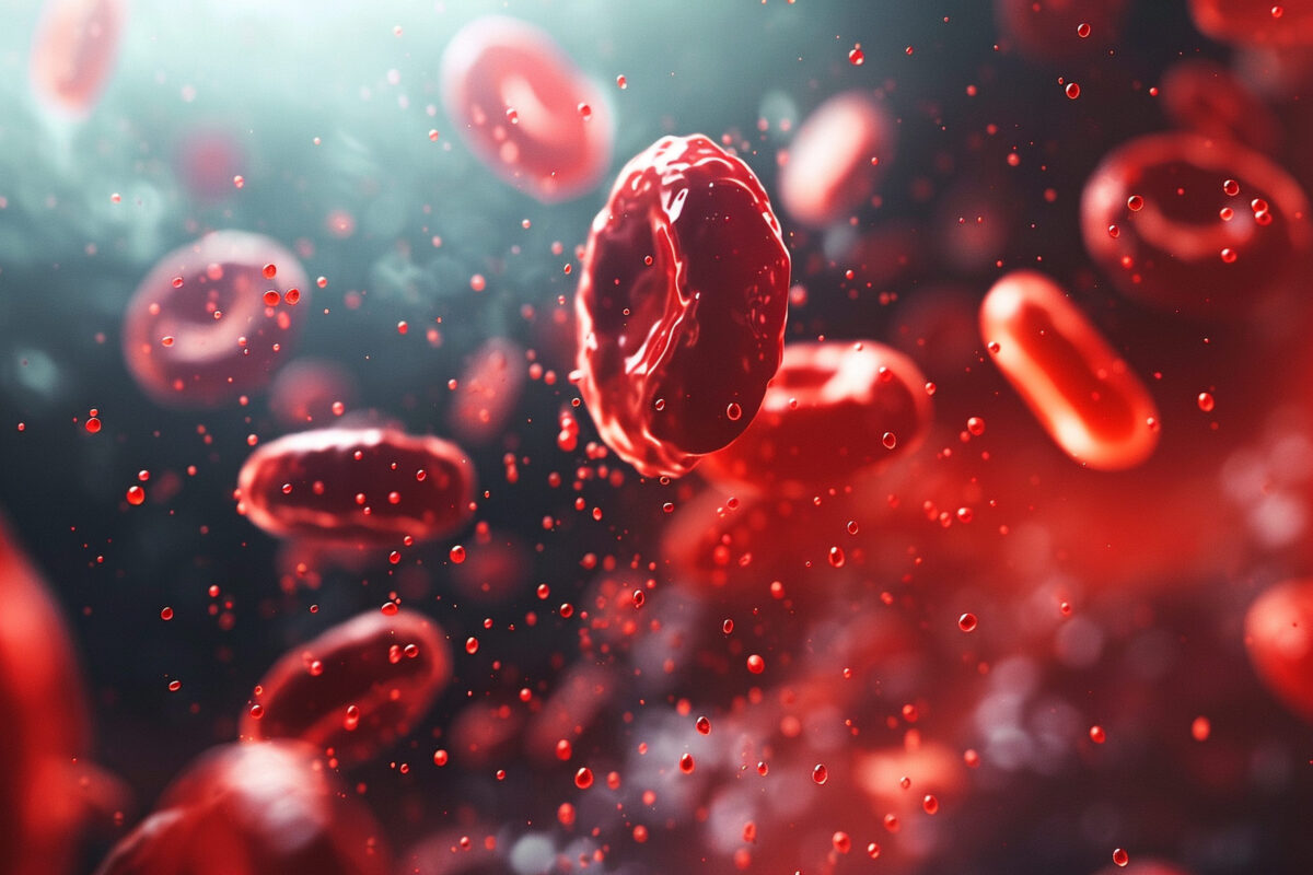 Blood cells in blood. 3D render concept for medical background.
