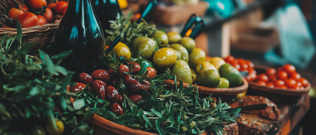 Colorful Mediterranean olive and herb platter with fresh ingredients for a delightful appetizer