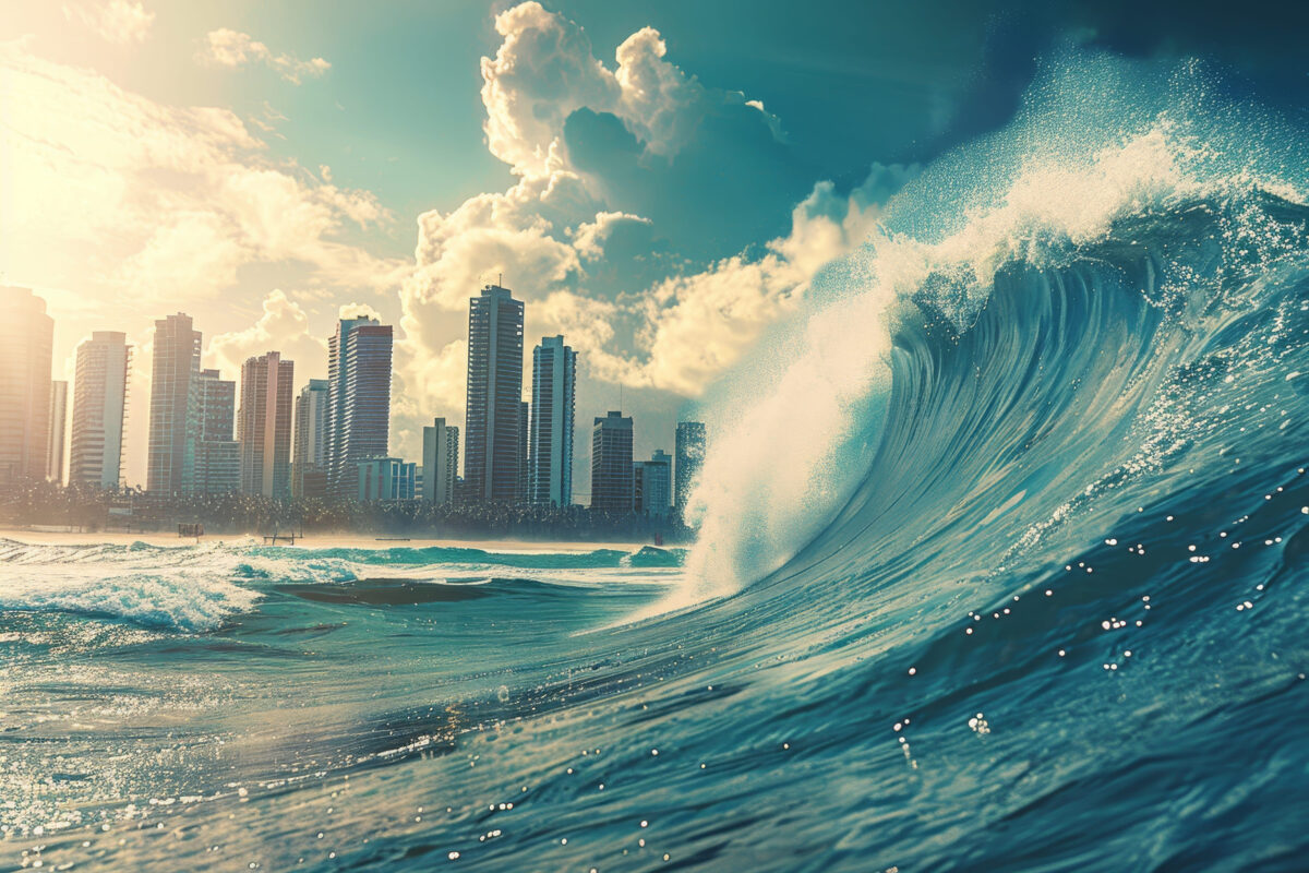 Impending tsunami wave threatens urban skyline depicting the force of nature s destructive power