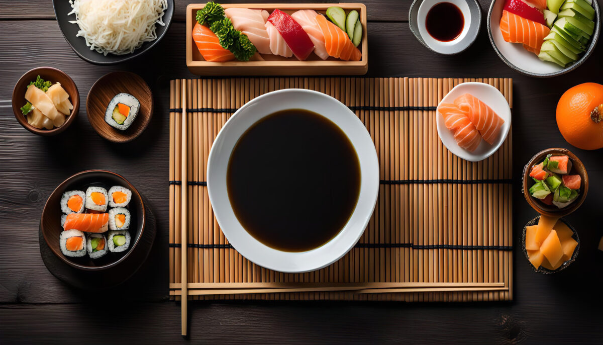 A beautifully arranged table setting featuring a variety of sushi, soy sauce, ginger, and chopsticks. It captures the essence of a Japanese culinary experience.