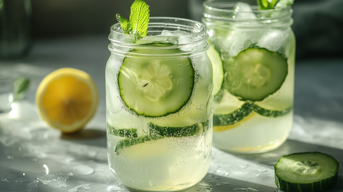 Detox water with cucumber, lemon and mint in mason jars