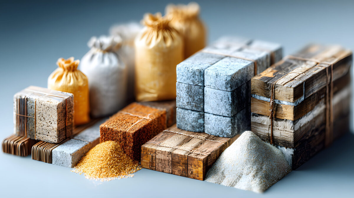 Set of construction materials including bricks, steel, wood, and cement. architecture and building use.