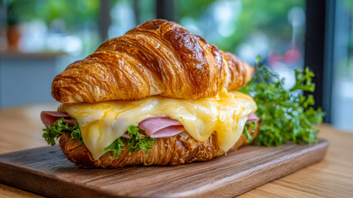 A warm, flaky croissant filled with gooey cheese, savory ham, and crisp greens, artfully arranged on a rustic wooden tray accented by fresh herbs in a charming cafe
